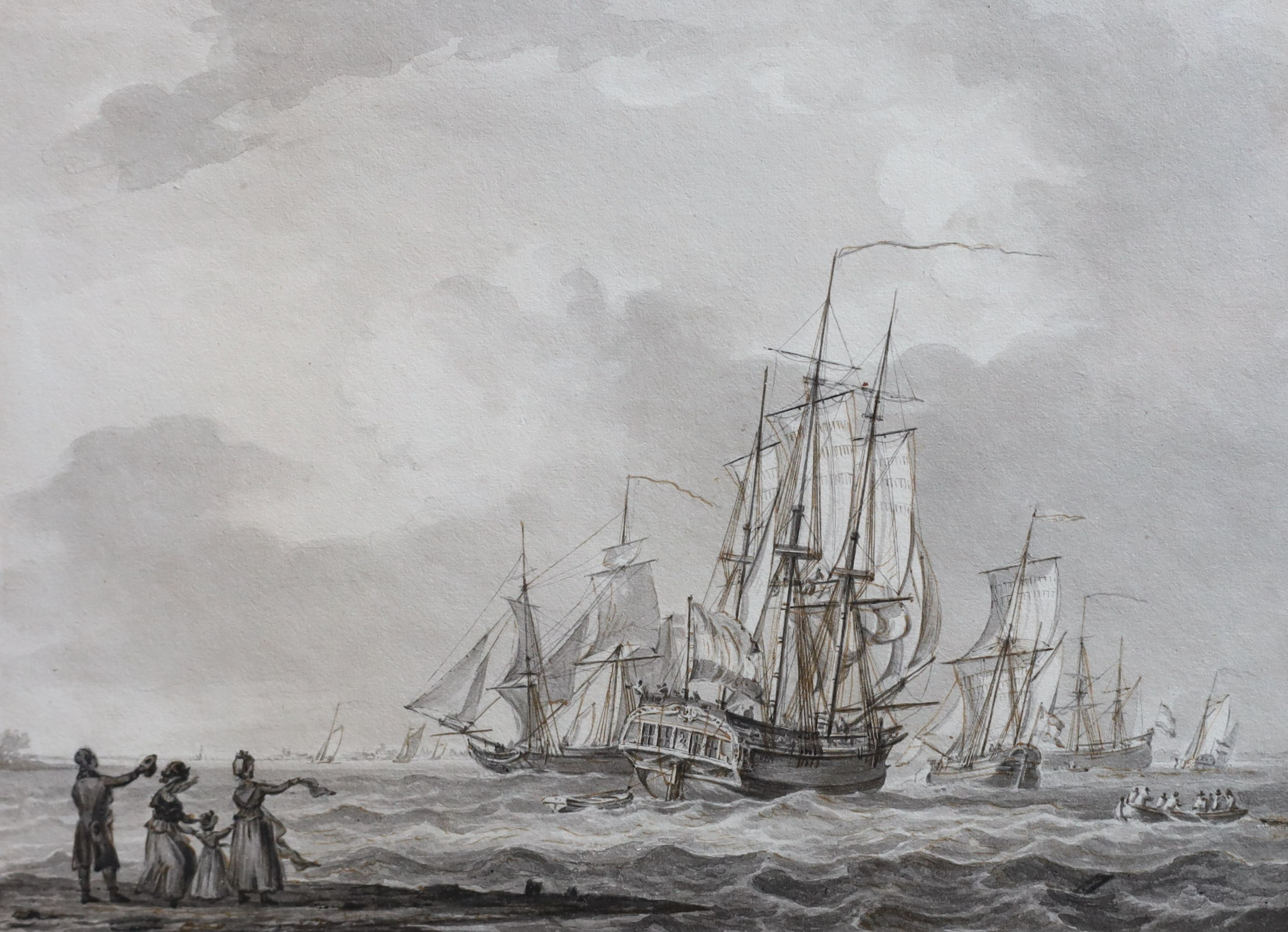 William Anderson (1757-1837), Shipping leaving harbour, figures on the shore waving farewell, ink and watercolour en grisaille, 15.5 x 21.5cm